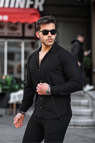 CAN Corded Black Ottoman Textured Men's Shirt
