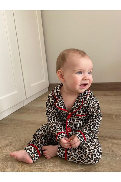 Minizade Leopard Print Buttoned Baby Girl/Child Pajamas Double Set