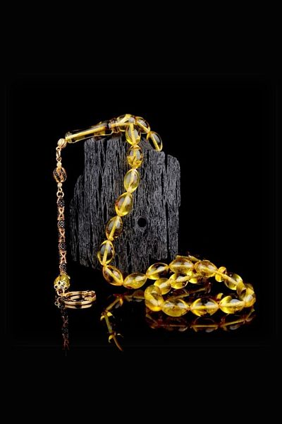 Diriliş Takı Black Zircon Stone Moon Star Barley Cut Drop Amber Rosary