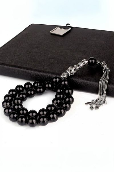 Diriliş Takı Silver Globe Cut Black Zircon Stone Fire Amber Rosary