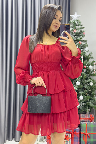 zks grup tekstil Kadın Uzun Kollu Gipeli Fırfır Etek Şifon Elbise Lacivert, Kırmızı, Siyah