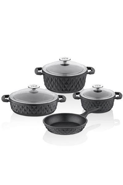 Taç Carabella 7-Piece Black Cookware Set - Induction Base Glass Lid