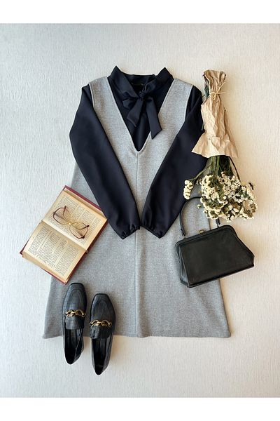 KÜÇÜĞÜM BUTİK Short Gray Stamp Winter V-Neck Gilet Dress