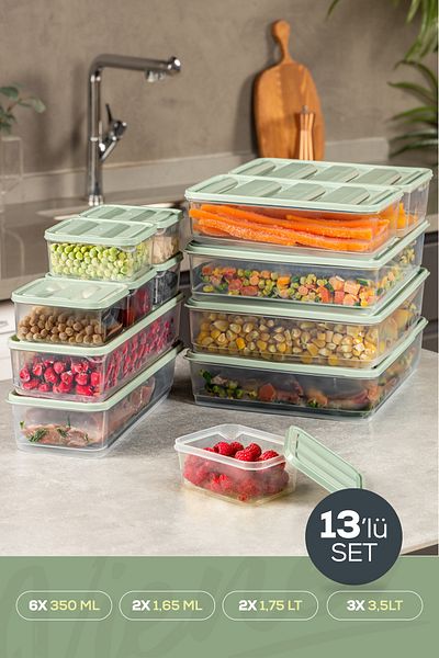 Vienev 13-Piece Refrigerator Freezer Organizer and Storage Container Mint 6X(350ml) 2X(1.65Lt) 3X(3.5Lt) 2X(1.75Lt)