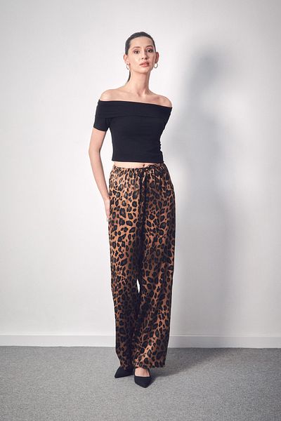 Fulla Moda Λεοπάρ στάμπα ελαστικό σατέν παντελόνι μέσης
