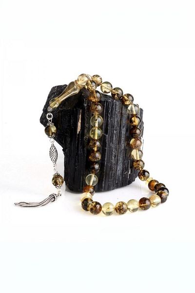 Diriliş Takı 8.5 mm Fossil Drop Amber Rosary with Silver Tassels