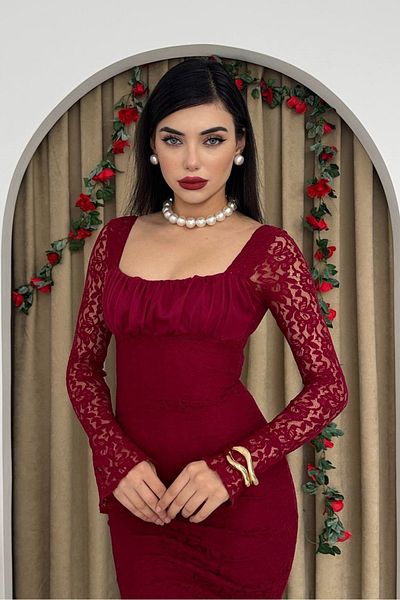 lovebox Burgundy Midi Evening Dress - Guipure, Tulle Sleeves and Square Neckline, Gathered 209