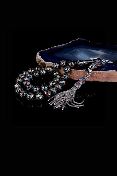 Diriliş Takı 11mm Silver Processing Burgundy Blue Enameled Master Handcrafted Kuka Rosary