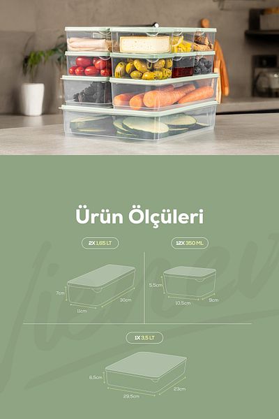 Vienev 15 Pack Refrigerator Freezer Organizer and Storage Container Mint 12X(350ml) 2X(1.65Lt) 1X(3.5Lt)