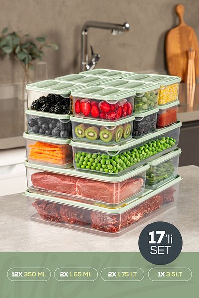 Vienev Mint 17-Piece Fridge Freezer Organizer - 350ml, 1.65Lt, 1.75Lt, 3.5Lt Storage Container Set