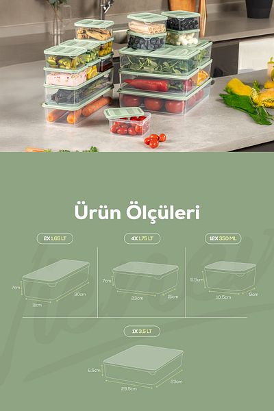 Vienev 19-Piece Refrigerator Freezer Organizer and Storage Container Mint 12X(350ml) 4X(1.75Lt) 2X(1.65Lt) 1X(3.5Lt)