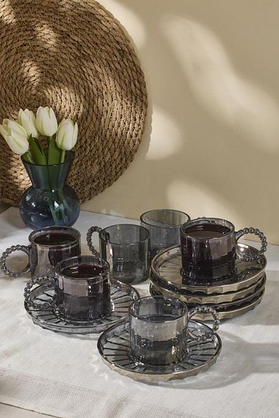Perotti Ringo Line Smoked 6-Piece Beaded Tea Cup with Handles