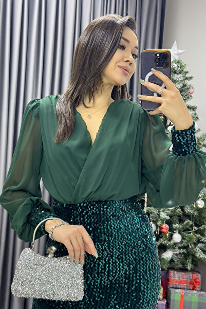 thezkscom Γυναικείο μίντι φόρεμα με διπλό στήθος σιφόν παγιέτες με σχισμή γκρι, μαύρο, μπορντό, σμαραγδί πράσινο