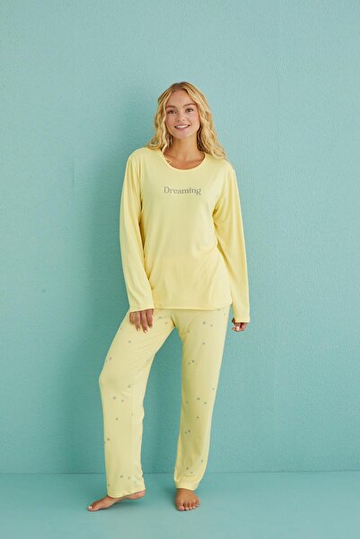 Kompedan Kadın Genç Bisiklet Yaka Uzun Kollu Pijama Takımı | Sarı 50902-45