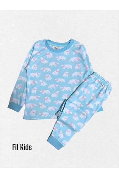 elmas kids Set de pijamale de iarnă cu mânecă lungă, 100% bumbac, albastru deschis, alb, cu model de ursuleț