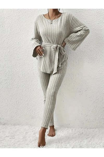 Modayakamoz New Season Women's Long Sleeve One Shoulder Open Waist Belted Raised Camisole Blouse and Leggings Pants