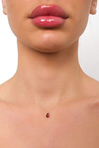 Side Gold Kuyumculuk 14 Ayar Sarı Altın Forse Zincir Kırmızı Damla Taşlı Kolye