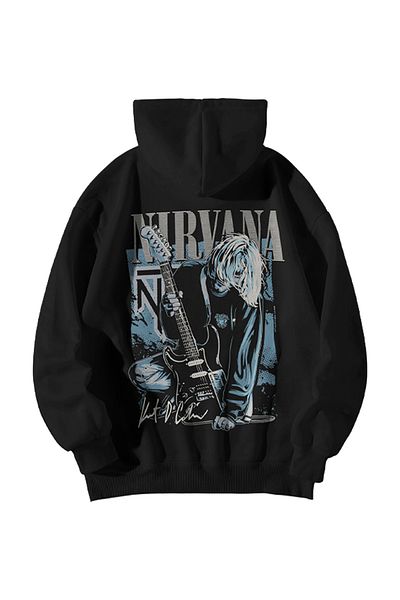 GlowUP Oversize Hooded Nirvana Kurt Cobain Printed Sweatshirt with Black