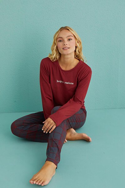 Kompedan Kadın Genç Bisiklet Yaka Uzun Kollu Pijama Takımı | Bordo 50902-42