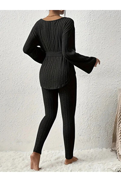 Modayakamoz New Season Women's Long Sleeve One Shoulder Open Waist Belted Raised Camisole Blouse and Leggings Pants