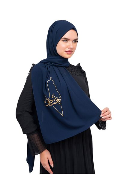 Zaytoon Navy Blue Polyster Shawl - Παλαιστινιακός χάρτης και κίτρινο κεντημένο αραβικό S 100022