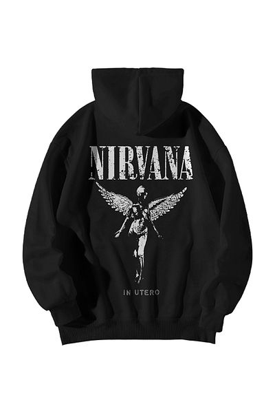 GlowUP Black Women's Men's Oversize Hooded Nirvana in Utero Printed Sweatshirt