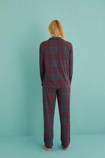 Kompedan Kadın Genç Önden Düğmeli Uzun Kollu Pijama Takımı | Füme 50701-62