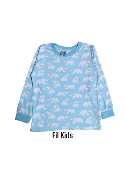 elmas kids Set de pijamale de iarnă cu mânecă lungă, 100% bumbac, albastru deschis, alb, cu model de ursuleț