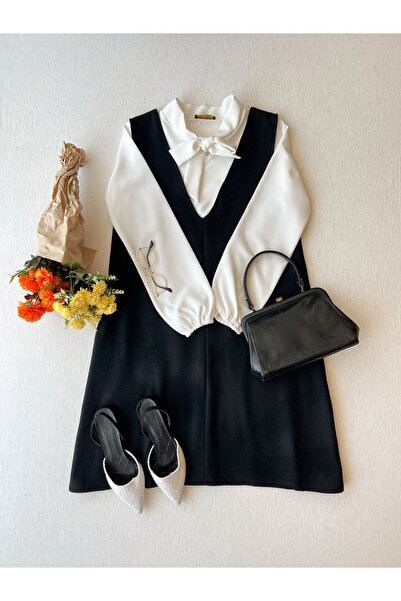 KÜÇÜĞÜM BUTİK Kısa Siyah Kaşe Kışlık V Yaka Jile Elbise