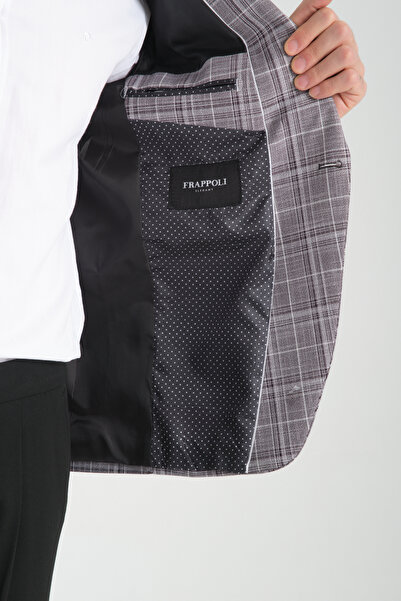 Frappoli Aradori Erkek Gri Ekose Slim Fit Mono Yaka Spor Blazer Ceket