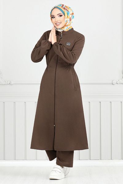 ModaMerve 9115Pl940-M Coffee Hijab Set - Rigging Detail