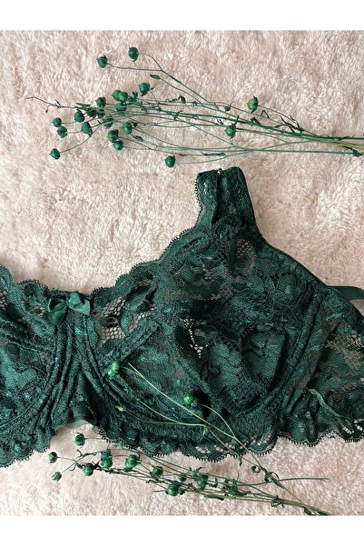 MİSTİRİK Emerald Green Espera Model Lace Gathering Bra - Without Sponge and Pads