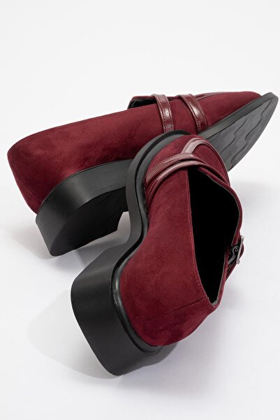 Ccway Dámské mokasínové boty Claret Red Suede a lakované kůže - s přezkou