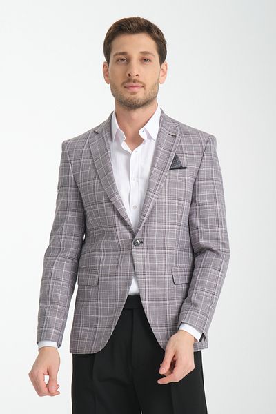 Frappoli Ανδρικό γκρι καρό Aradori Slim Fit Mono Collar Sports Blazer Jacket