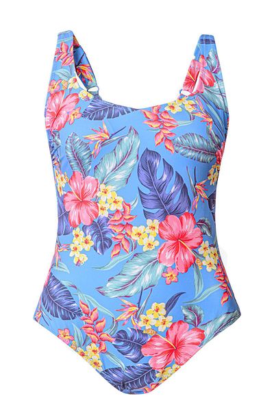HAREM SUARE Plus Size U Neck Swimsuit Pink Floral Print Forbach Minimizer Gathering
