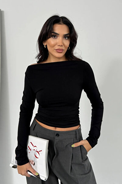 Ladima Bluză de damă, neagră, din bumbac, moale, elastică, cu guler larg, cu ...