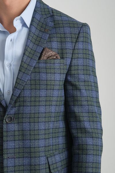 Frappoli Ανδρικό Nina Navy Blue - Πράσινο καρό Slim Fit Mono Collar Sports Blazer Jacket