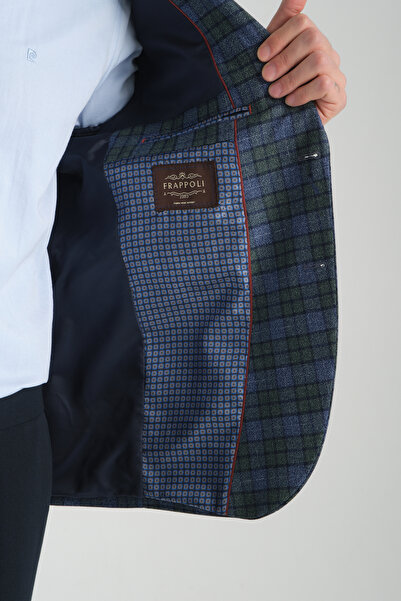Frappoli Ανδρικό Nina Navy Blue - Πράσινο καρό Slim Fit Mono Collar Sports Blazer Jacket