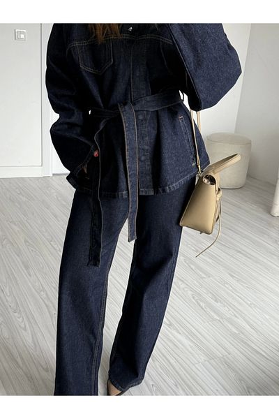 KÜBRA SÖYLEMEZ BOUTİQUE Navy Blue Belted Denim Jacket Pants Set