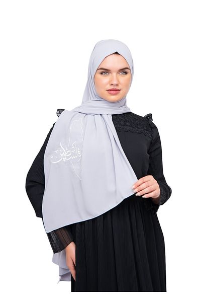 Zaytoon Gray Polyster Shawl - Palestinian Map and White Embroidered Arabic Word S 100016