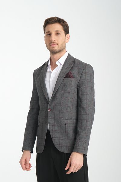 Frappoli Opera Ανδρικό Μαύρο - Μπορντό καρό Slim Fit Mono Collar Sports Blazer Jacket