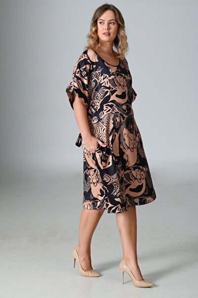 VİENETTA Women's Plus Size Satin Short Sleeve Coffee Dress