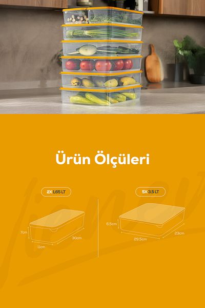Vienev Set of 7 Orange Refrigerator Freezer and Storage Containers - 5X3.5Lt 2X1.65Lt