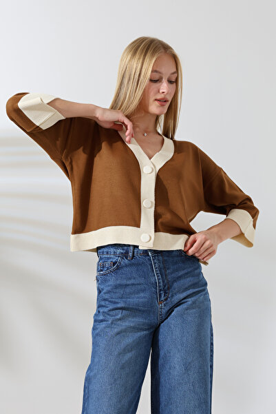 ALCHON V Yaka Yarım Kol Üç Düğmeli Basic Kısa Şık Triko İnce Hırka