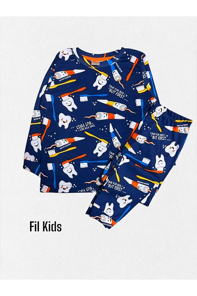 elmas kids Set de pijamale de iarnă cu mânecă lungă, 100% bumbac, albastru marin pentru băieți, cu model pentru periuță de dinți și pastă