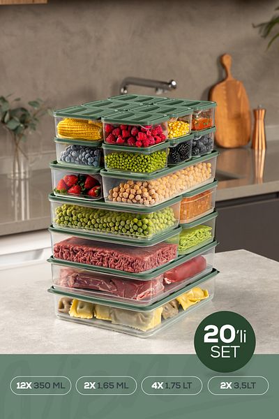 Vienev Green Refrigerator Freezer Organizer - Set of 20 Storage 12X350Ml 4X175Lt 2X165Lt 2X350Lt