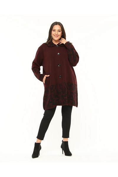 Laden Large Size Steel Knitwear Oversize Cardigan - Winter, Long and Thick Design, Claret Red Mother Cap