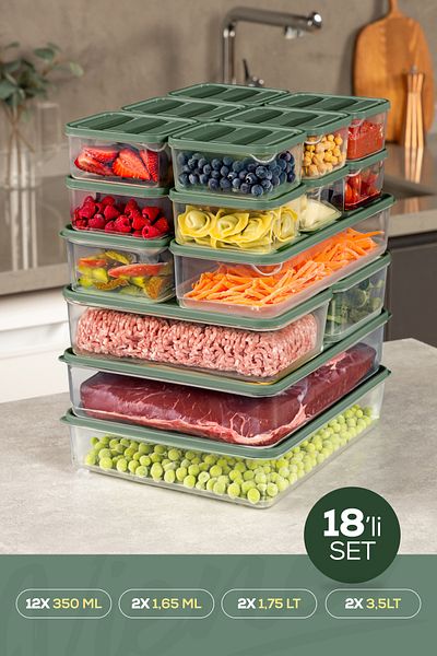 Vienev Green Refrigerator Freezer Organizer - Set of 18 Storage 12X350Ml 2X165Lt 2X175Lt 2X350Lt