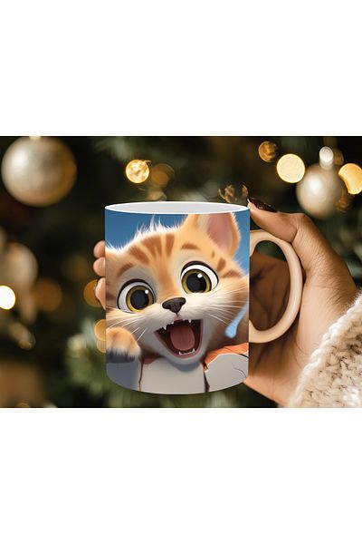 Evion Cute Cat Wall 3D Design Porcelain Mug - Gift Mug - Printed Mug