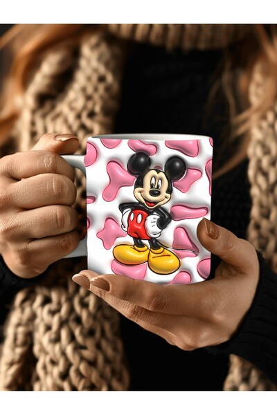 Evion Mickey Mouse Baskılı 3D Tasarım Porselen Kupa Mug - Hediyelik Kupa Bardak - Baskılı Kupa